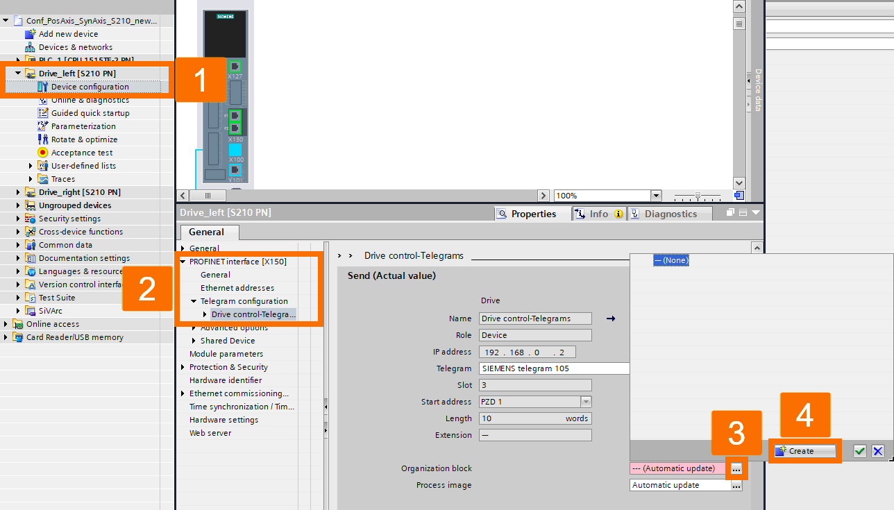 Figure 4.5: Technology objects for Siemens motion control systems - Telegram configuration of Drive_left