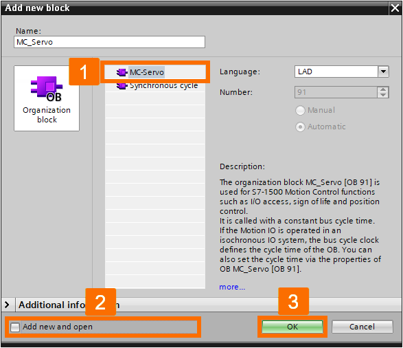 Figure 4.6: Technology objects for Siemens motion control systems - Creating MC_Servo organization block