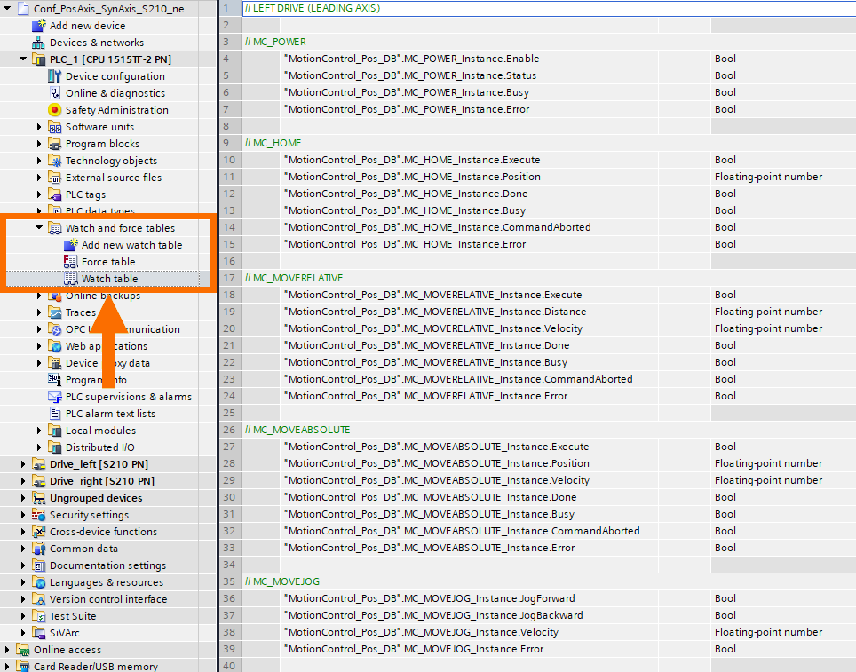 Figure 6.14: Technology objects for Siemens motion control systems - Watch table overview 1