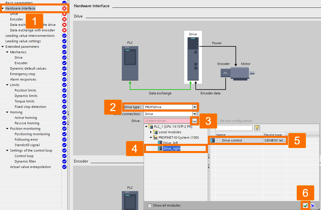 Figure 5.6: Technology objects for Siemens motion control systems - Hardware interface for synchronous axis