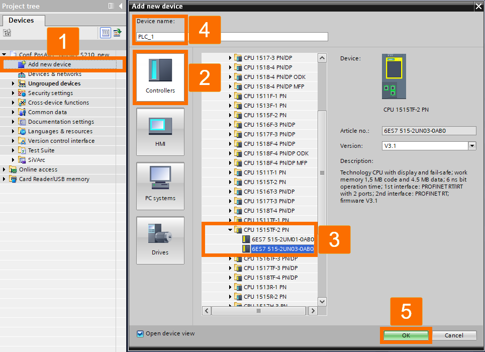 Figure 2.1: Technology objects for Siemens motion control systems - Adding desire PLC