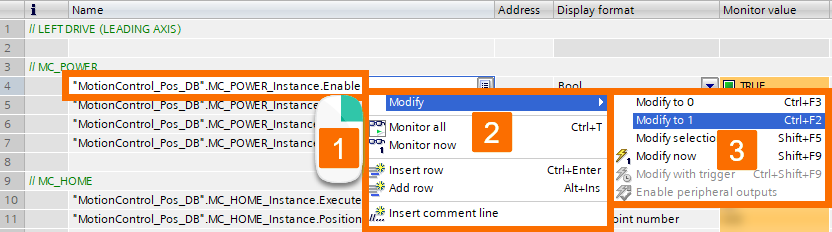 Figure 8.2: Technology objects for Siemens motion control systems - Initiating Drive_left within MC_Power