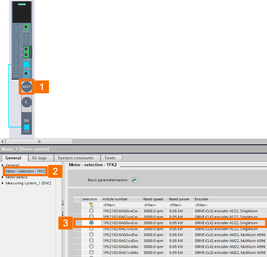 Figure 3.4: Technology objects for Siemens motion control systems - Selecting the desired motor for the drive