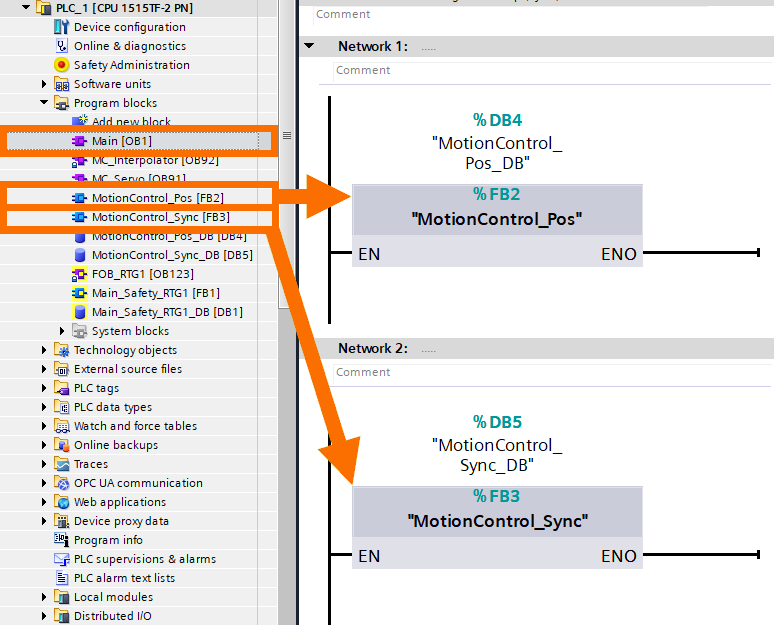 Figure 6.13: Technology objects for Siemens motion control systems - Including FBs into the main OB1