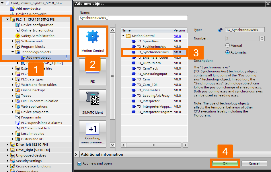Figure 5.5: Technology objects for Siemens motion control systems - Creating synchronous technology object