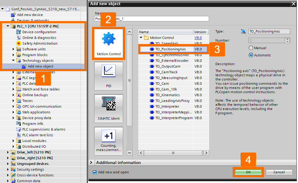 Figure 5.1: Technology objects for Siemens motion control systems - Creating positioning technology object 