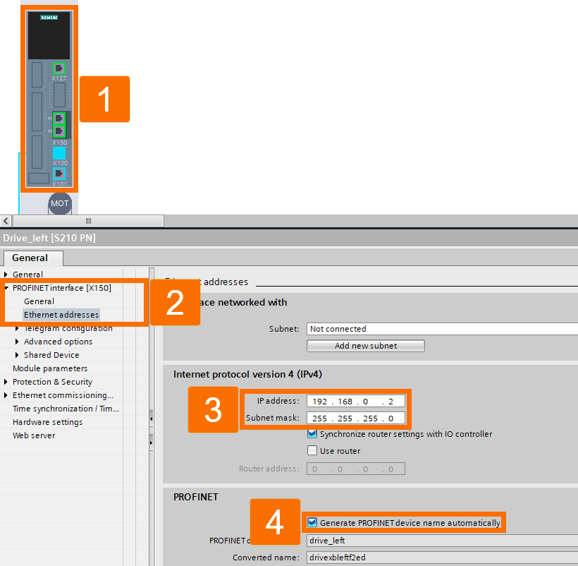 Figure 3.5: Technology objects for Siemens motion control systems - Setting IP address for the first drive