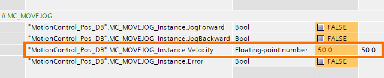 Figure 10.3: Technology objects for Siemens motion control systems - Inputting velocity value within MC_MoveJog