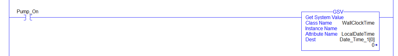 Figure 6 - How to Use the GSV and SSV Instructions in Studio 5000 and RSLogix 5000 | A conditional implementation of storing the time of when the pump was turned on