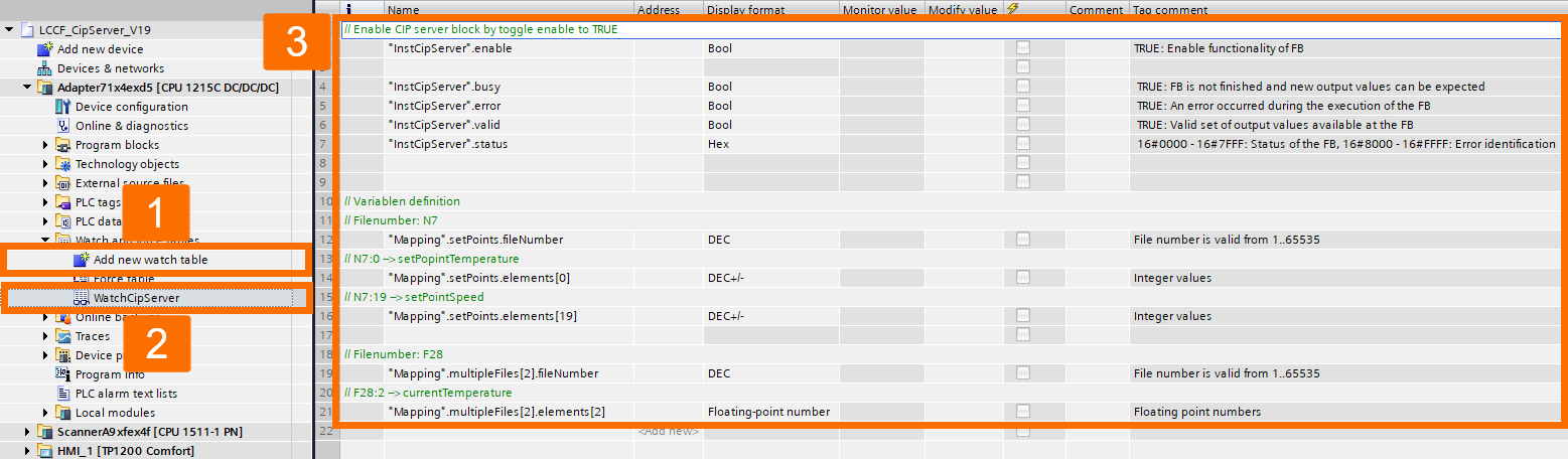 Figure 4.2: PLC and SCADA communication - Creating the CIP server watch table