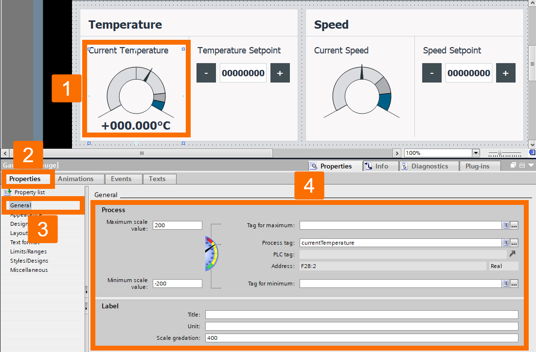 Figure 3.16: PLC and SCADA communication - Developing current temperature gauge within the HMI interface 