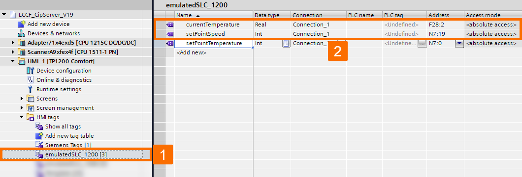 Figure 3.13: PLC and SCADA communication - Creating HMI tags for speed setpoint and current temperature