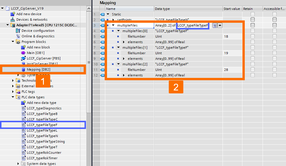 Figure 3.9: PLC and SCADA communication - Creating the type F variable within mapping DB