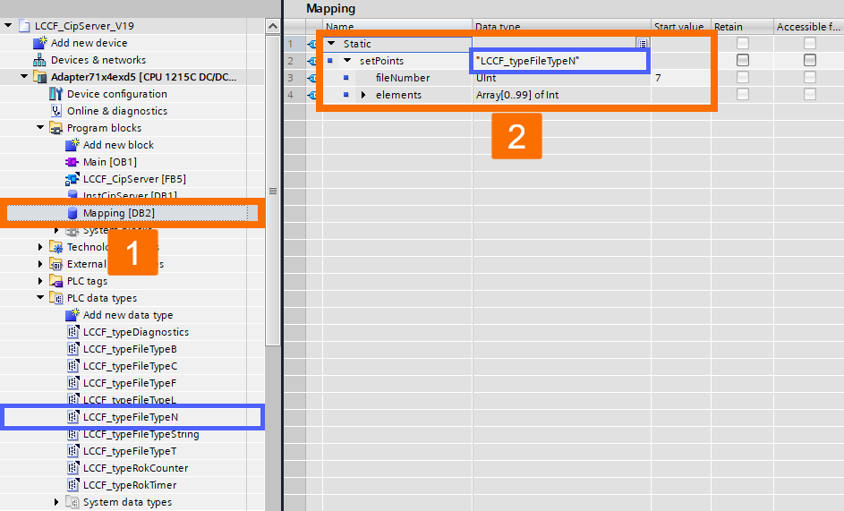 Figure 3.7: PLC and SCADA communication - Creating the type N variable within mapping DB