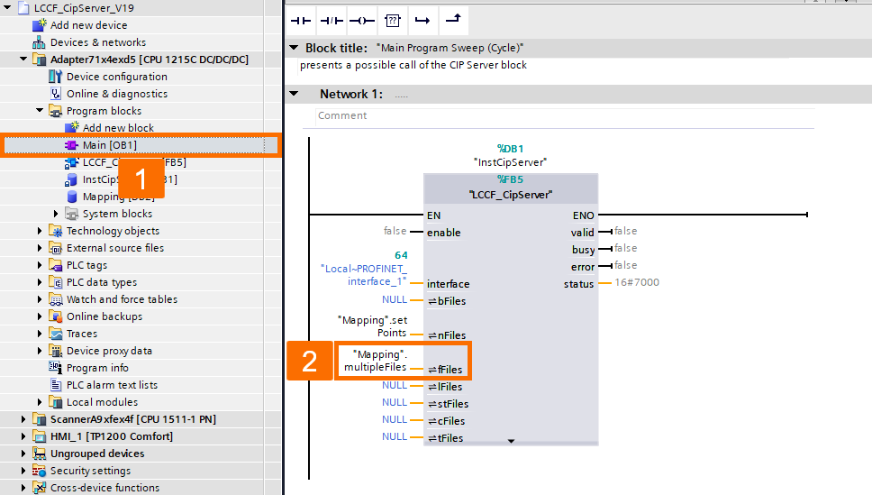 Figure 3.10: PLC and SCADA communication - Allocating the type F variable to the CIP server function block