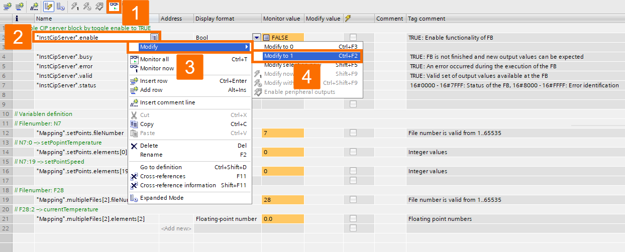 Figure 4.3: PLC and SCADA communication - Enabling the CIP server function block