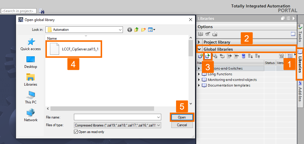 Figure 3.2: PLC and SCADA communication - Importing CIP server library