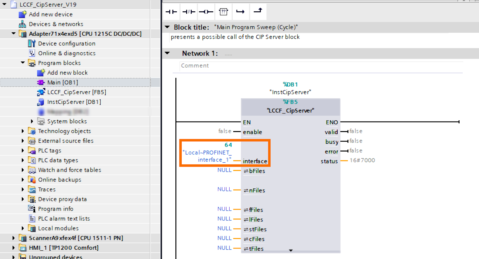 Figure 3.5: PLC and SCADA communication - Assigning the precise parameter to the block call