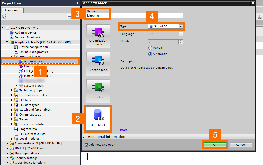 Figure 3.6: PLC and SCADA communication - Creating global data block for the mapping procedure