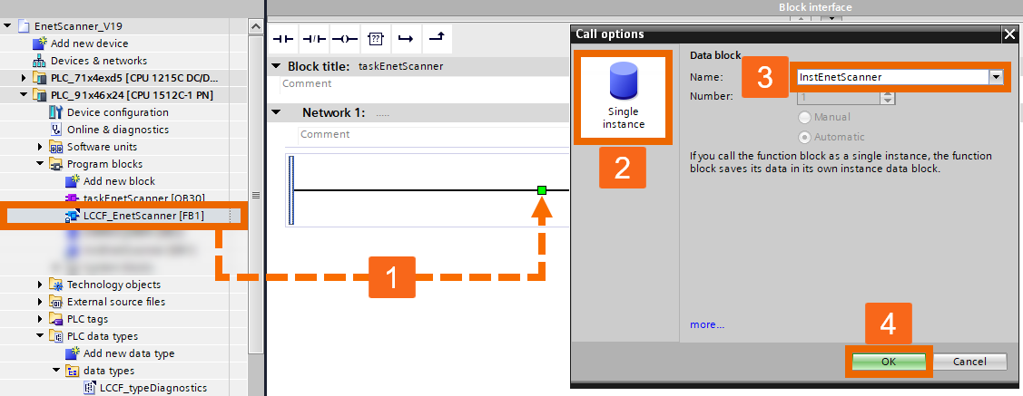 Figure 3.5: Ethernet/IP and Siemens PLC connectivity - Inserting the ‘Ethernet IP Scanner’ FB into the OB