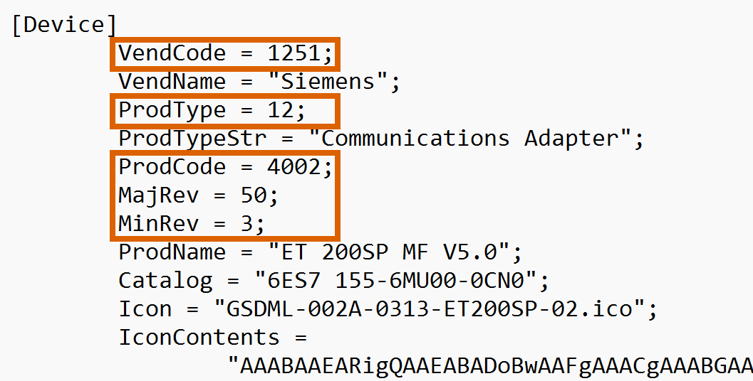 Figure 3.11: Ethernet/IP and Siemens PLC connectivity - Device section of the ET200SP EDS file