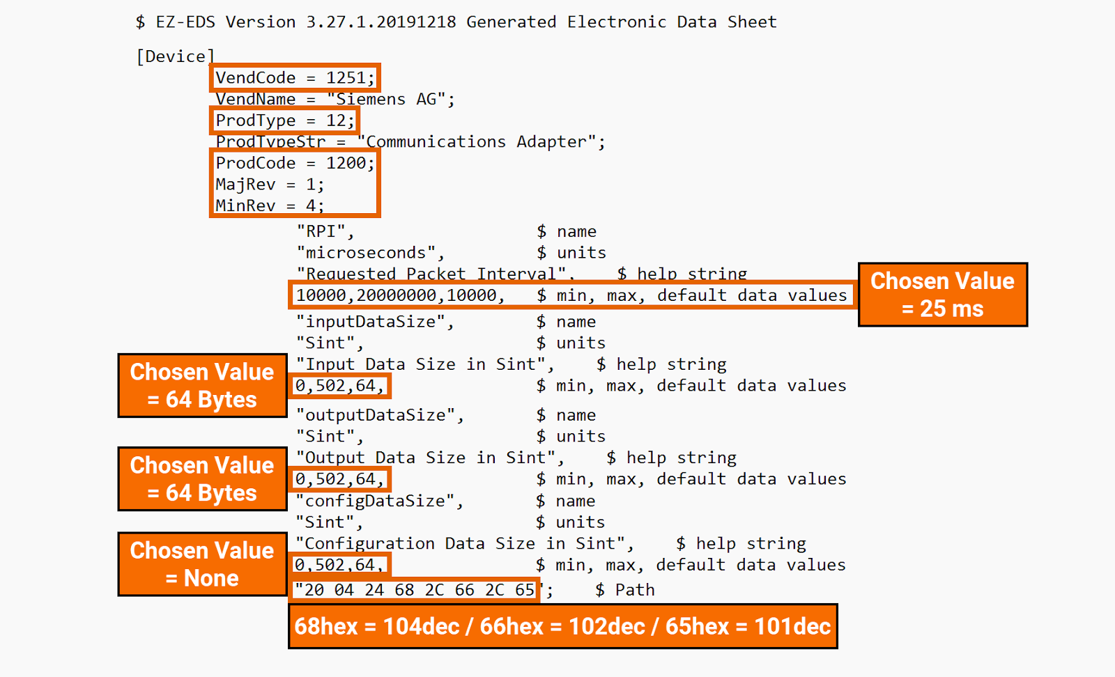 Figure 3.22: Ethernet/IP and Siemens PLC connectivity - Essential data of the S7-1200 EDS file