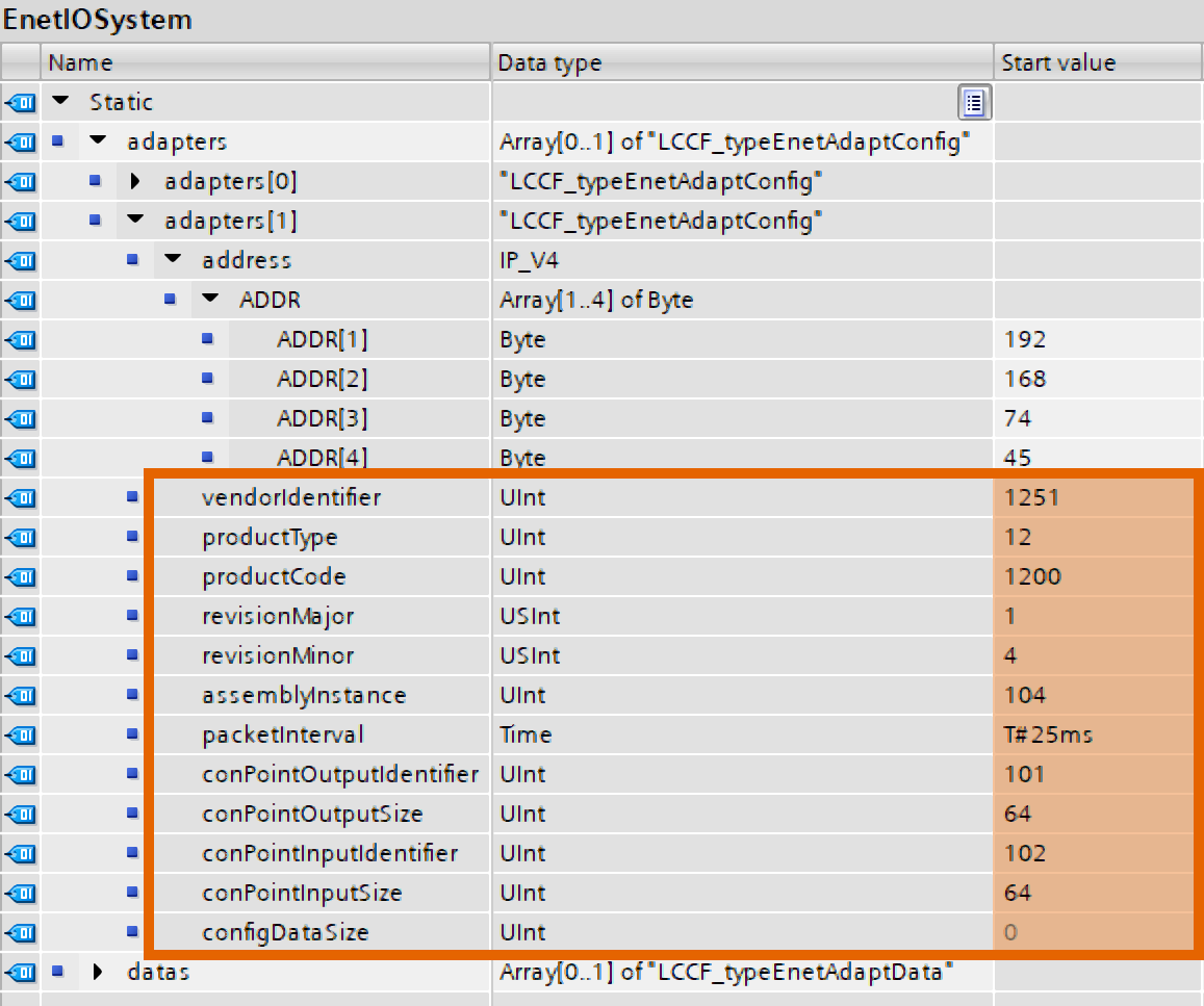 Figure 3.23: Ethernet/IP and Siemens PLC connectivity - Inserting the essential data of the S7-1200 EDS file into the global DB