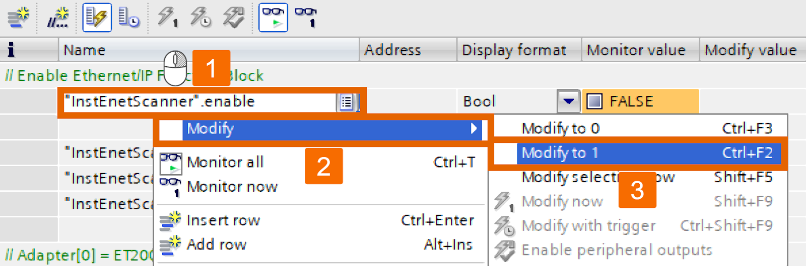 Figure 4.3: Ethernet/IP and Siemens PLC connectivity - Activating the ‘Ethernet IP Scanner’ function block