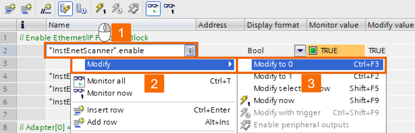 Figure 4.6: Ethernet/IP and Siemens PLC connectivity - Deactivating the ‘Ethernet IP Scanner’ function block