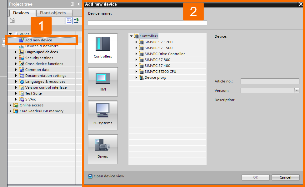 Figure 3.1: Introduction to WinCC Unified - Opening the add new device window