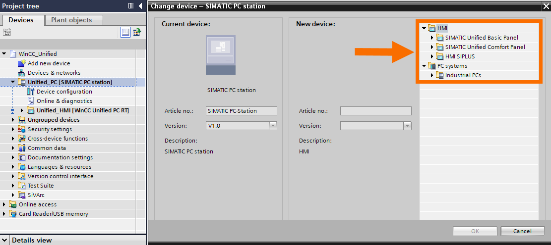 Figure 11.2: Introduction to WinCC Unified - Hardware selection for replacing current Unified device