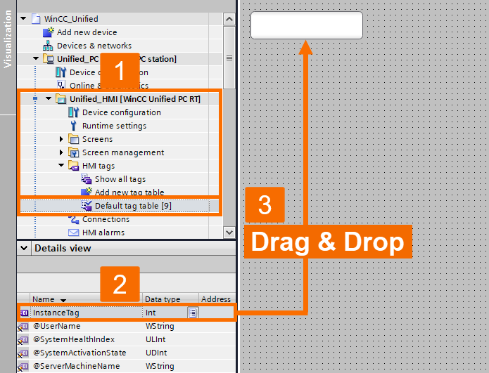 Figure 7.1: Introduction to WinCC Unified - Dragging & dropping the internal tag to the screen