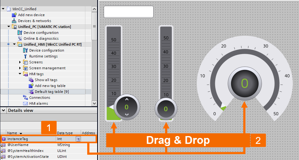 Figure 7.3: Introduction to WinCC Unified - Dragging & dropping the internal tag to the added elements