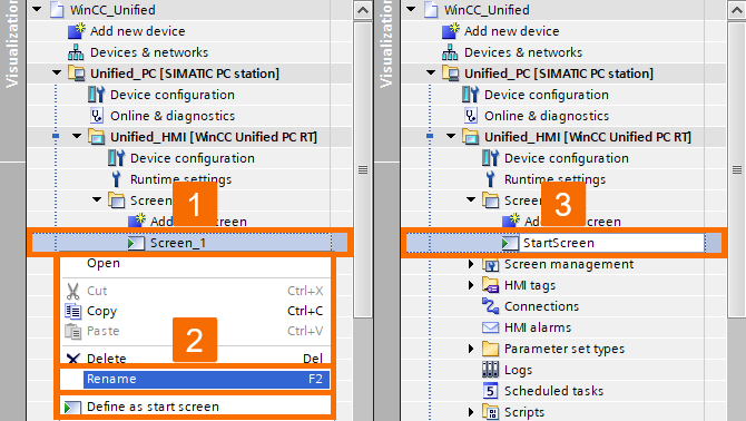 Figure 6.2: Introduction to WinCC Unified - Renaming the screen