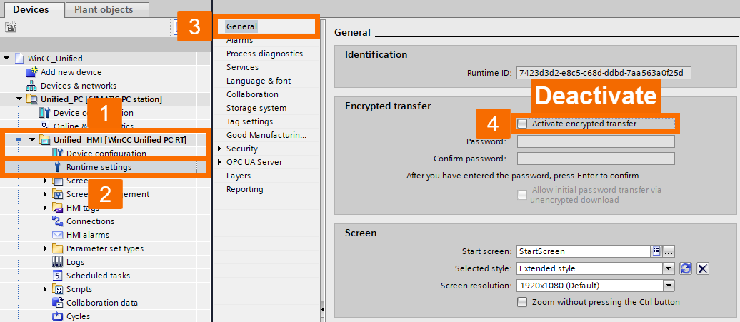 Figure 8.1: Introduction to WinCC Unified - Deactivating encrypted transfer setting