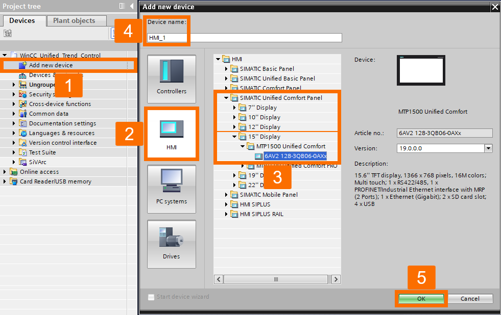 Figure 2.3: WinCC Unified Trend Control - Adding a Unified panel to the project