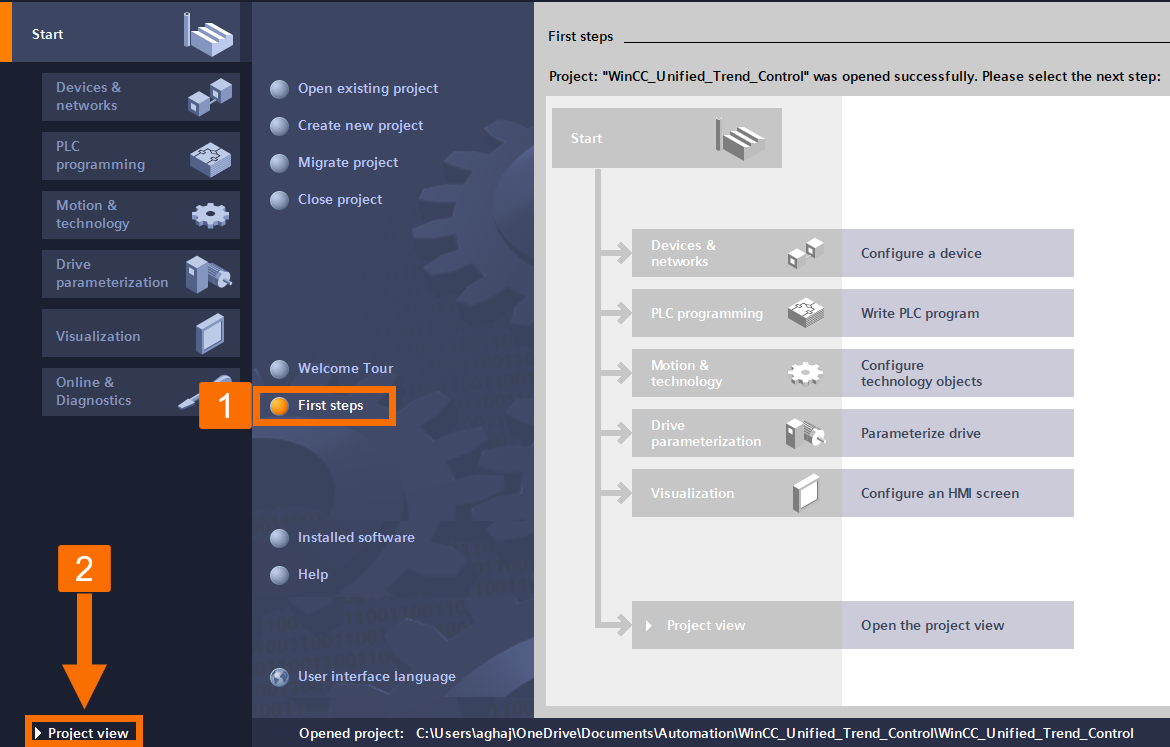 Figure 2.2: WinCC Unified Trend Control - Switching to project view