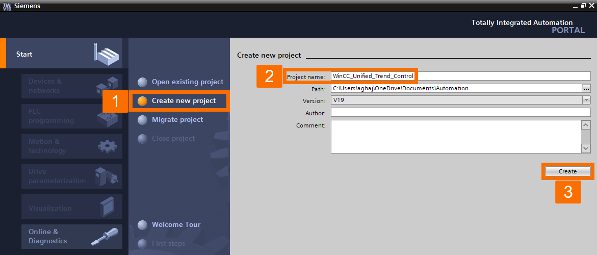 Figure 2.1: WinCC Unified Trend Control - Creating a new TIA Portal project 