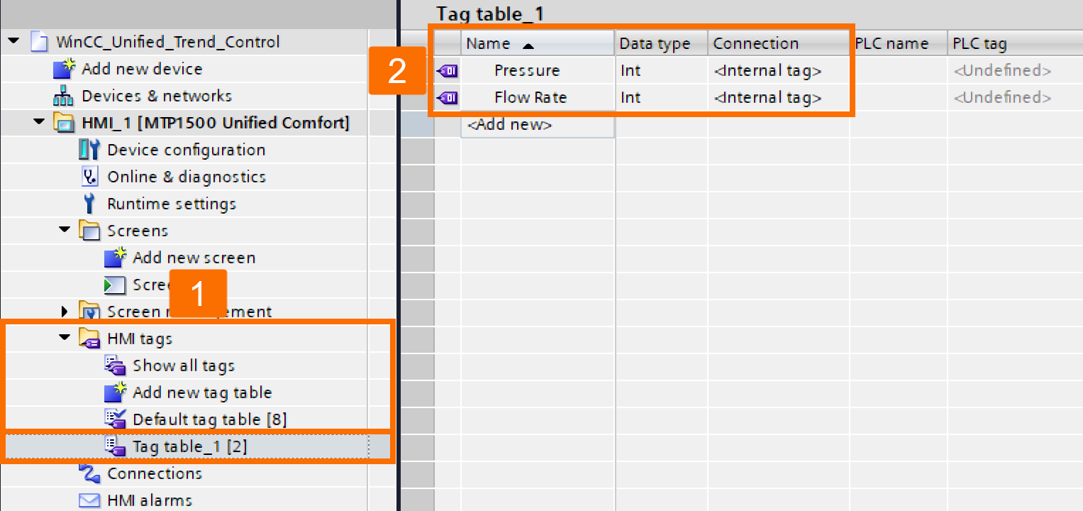 Figure 2.5: WinCC Unified Trend Control - Defining HMI internal tags