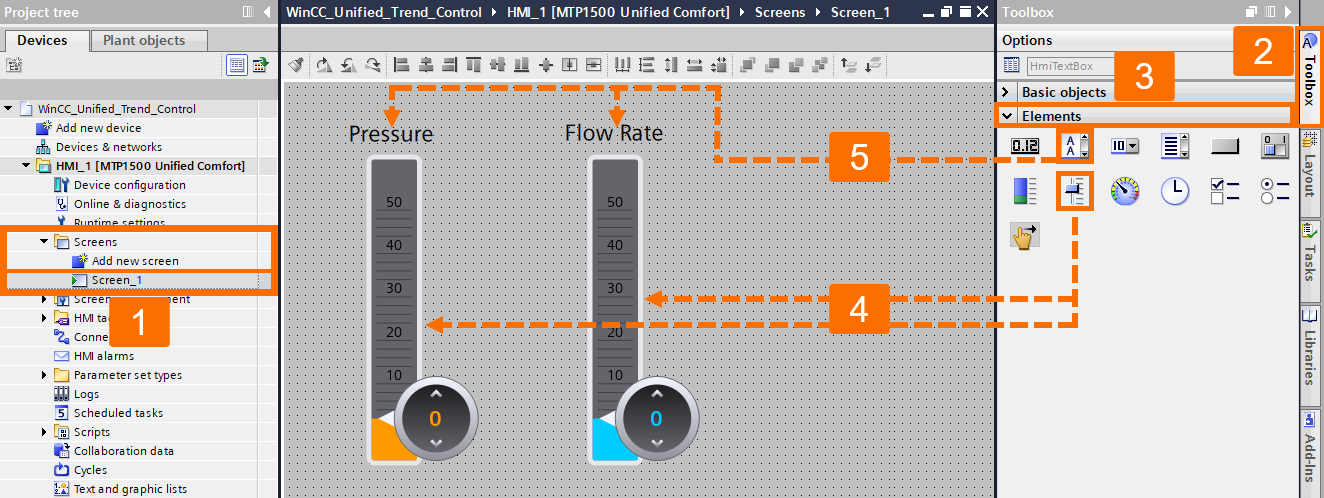 Figure 2.4: WinCC Unified Trend Control - Adding sliders & text boxes to the screen