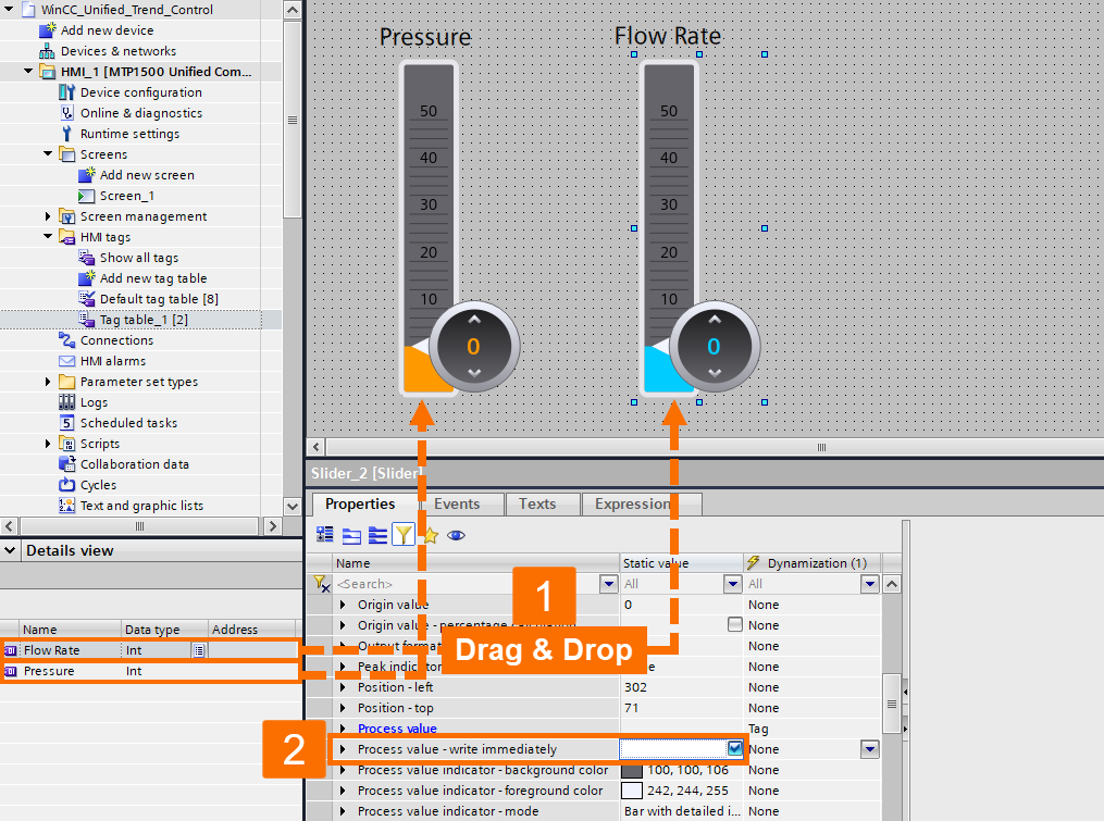 Figure 2.6: WinCC Unified Trend Control - Assigning internal tags to sliders