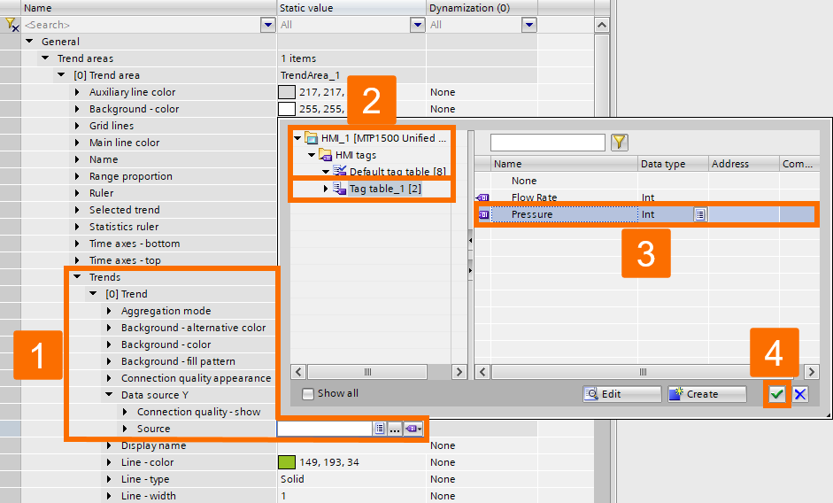 Figure 2.9: WinCC Unified Trend Control - Assigning pressure tag as trend source