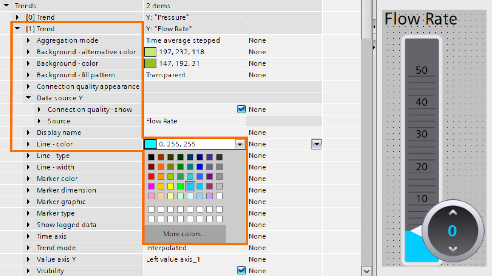 Figure 2.12: WinCC Unified Trend Control - Syncing line & slider colors of flow rate tag