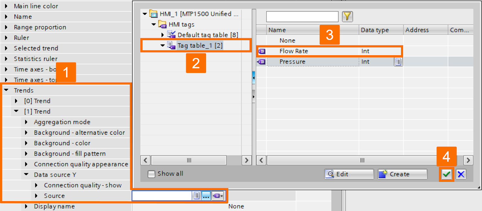 Figure 2.11: WinCC Unified Trend Control - Assigning flow rate tag as trend source 
