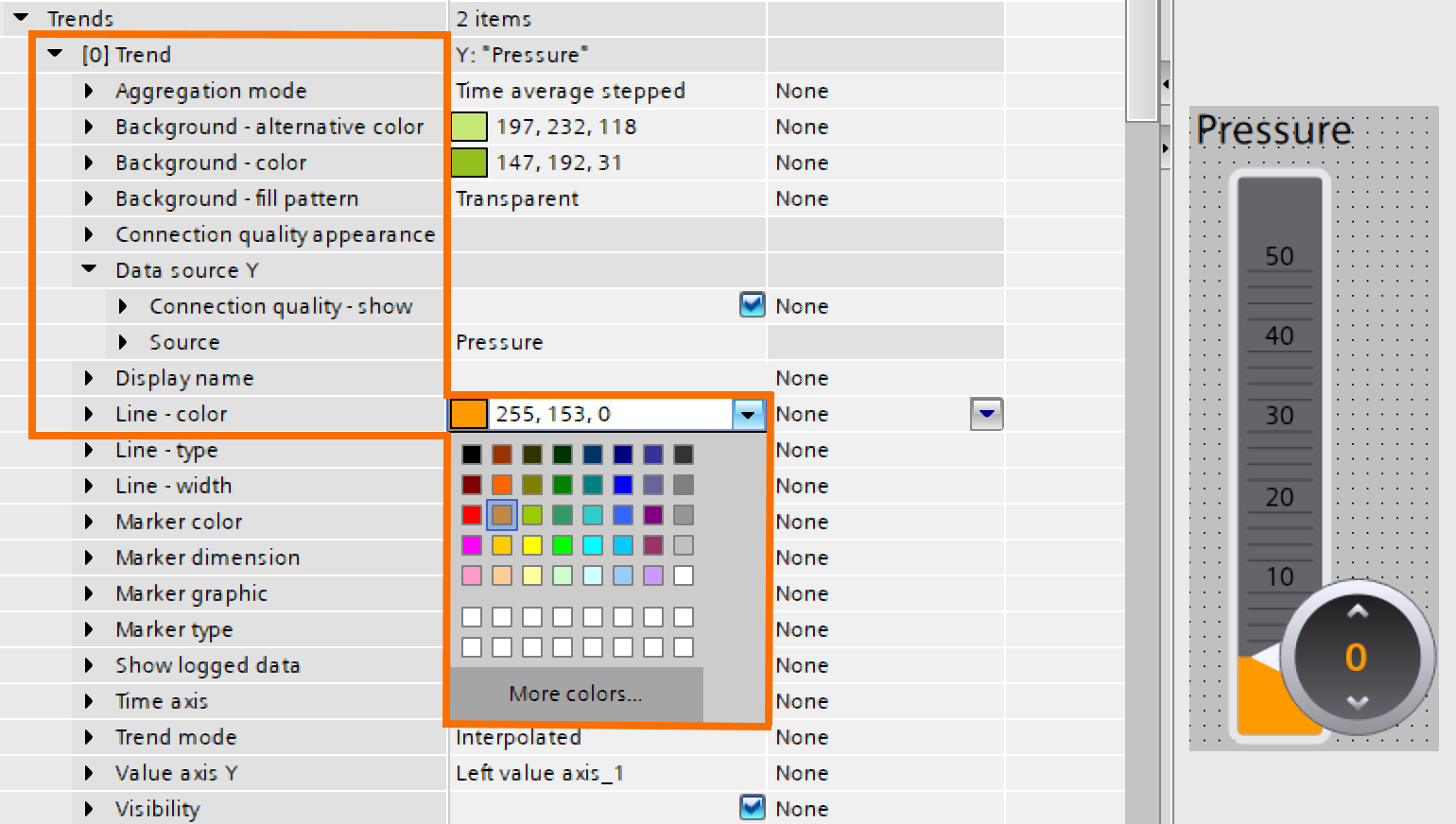 Figure 2.10: WinCC Unified Trend Control - Syncing line & slider colors of pressure tag