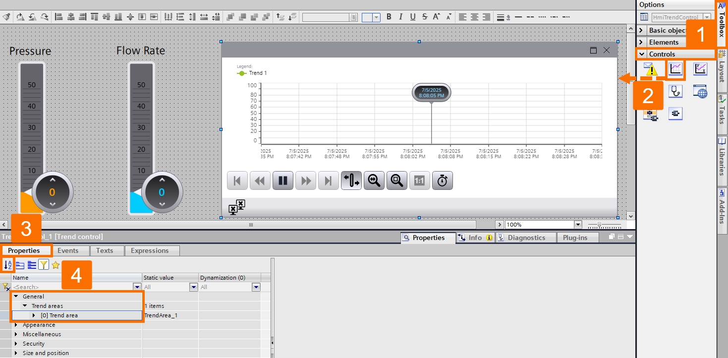 Figure 2.7: WinCC Unified Trend Control - Adding a trend control to the screen
