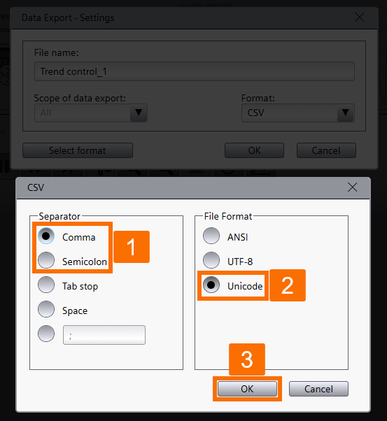 Figure 4.4: WinCC Unified Trend Control - Configuring log file format & separator