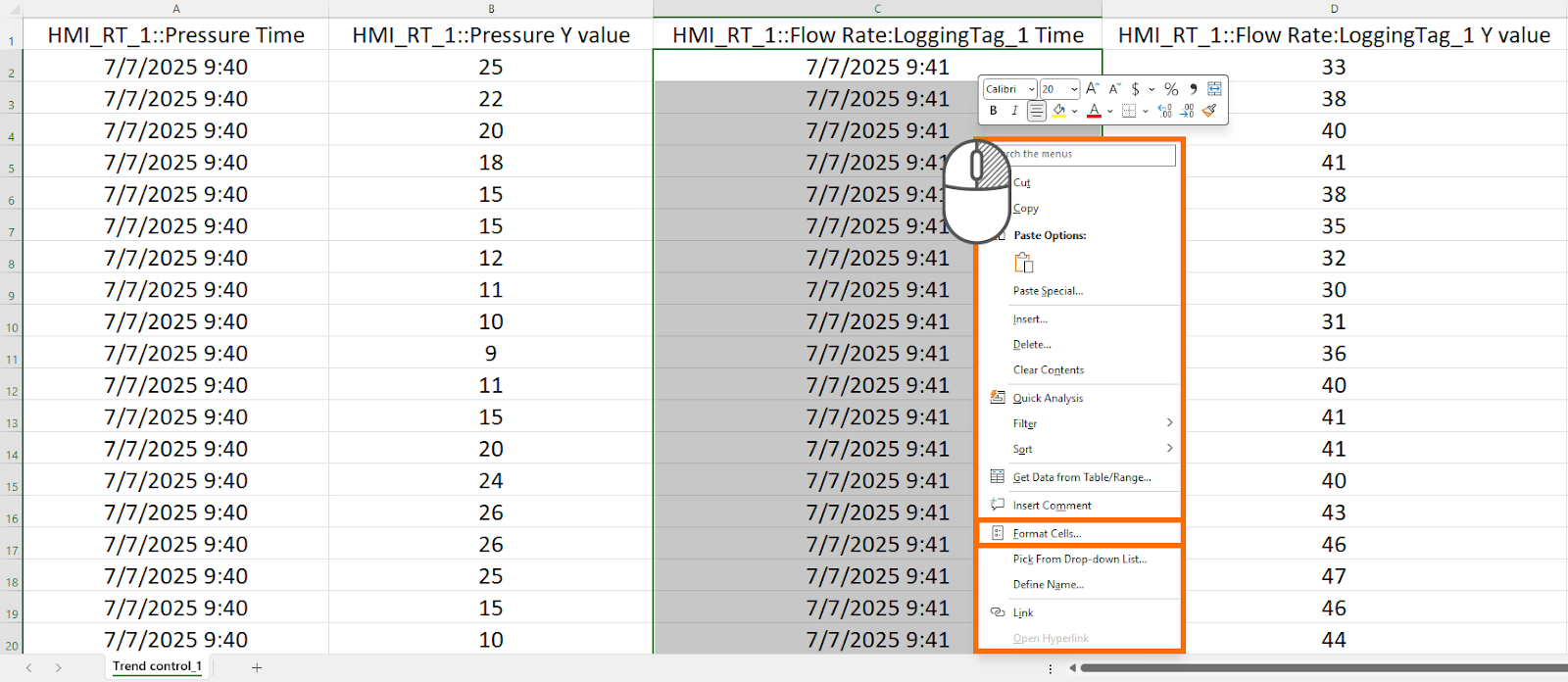 Figure 4.7: WinCC Unified Trend Control - Reaching the Excel format cell settings