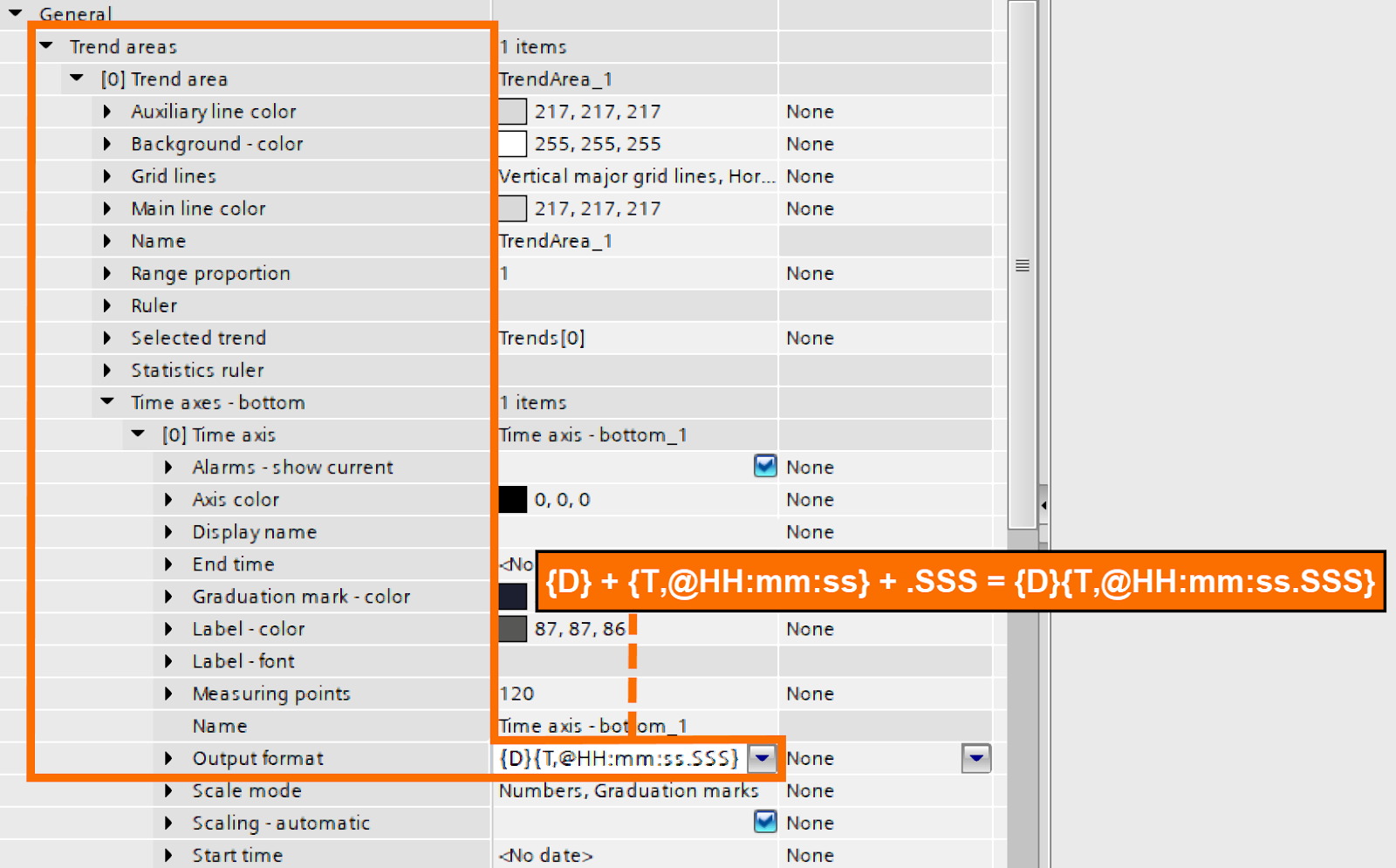 Figure 4.10: WinCC Unified Trend Control - Setting custom time format with milliseconds