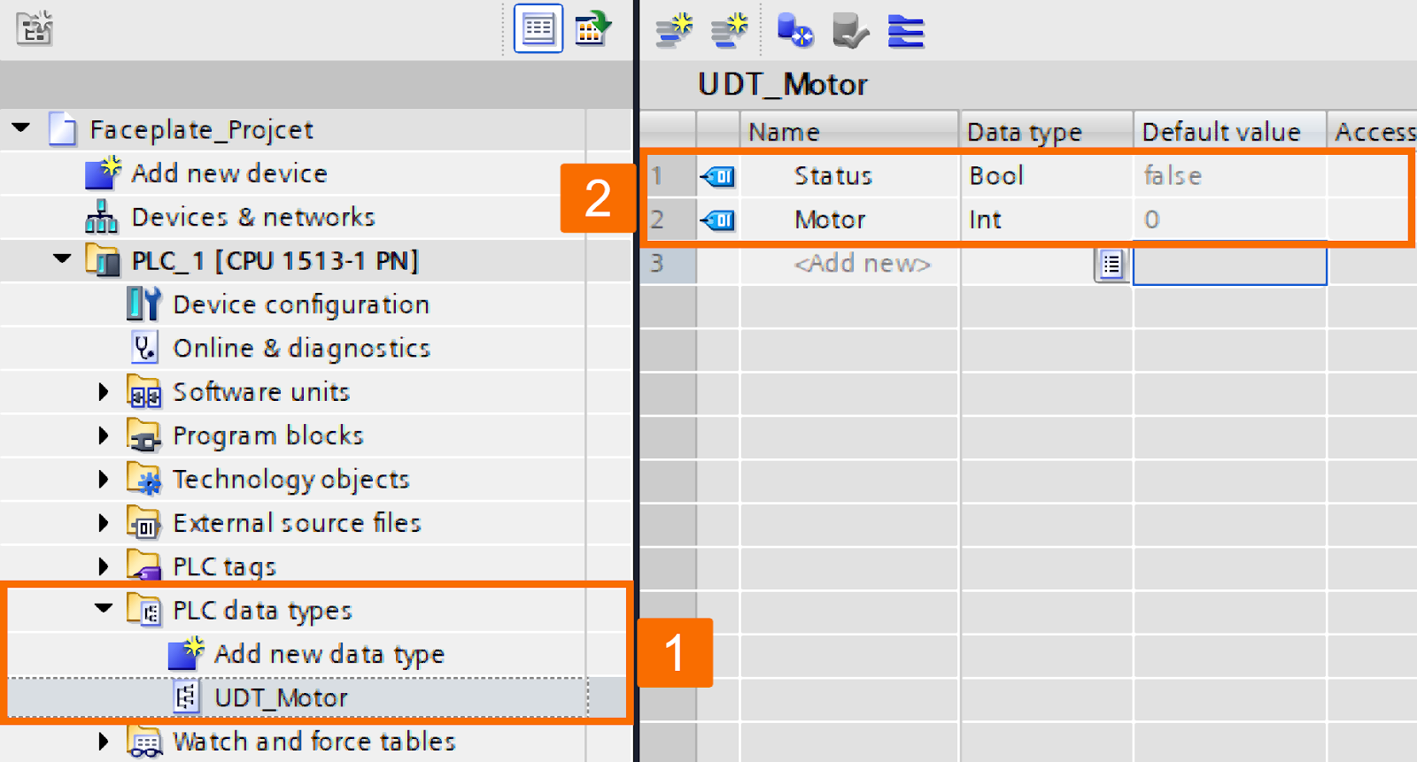 Figure 2.1: Building WinCC Unified Faceplate - Creating a New PLC Data Type (UDT)